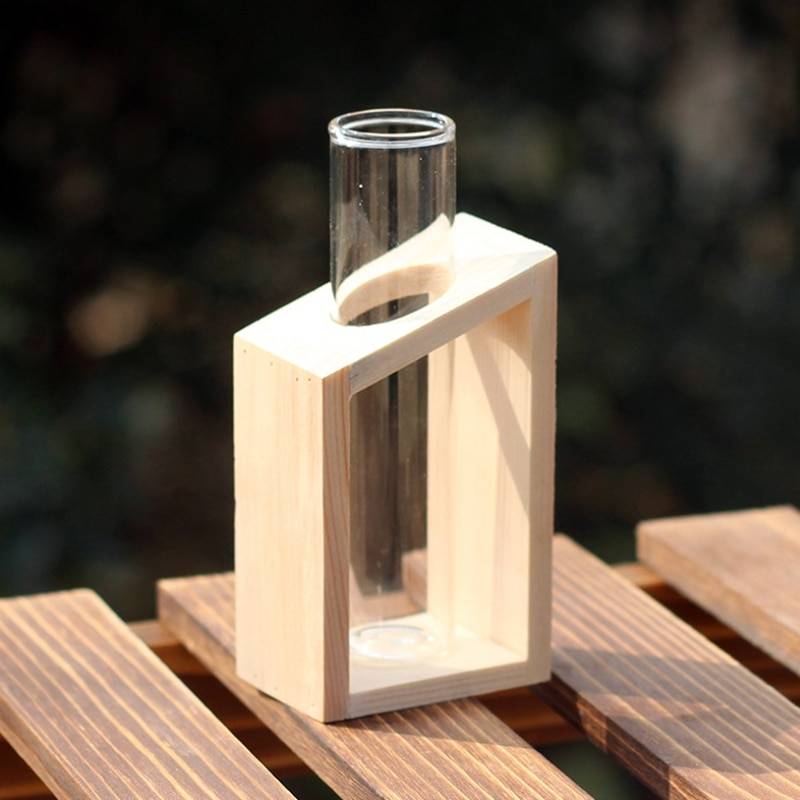 Hot Sale Crystal Glass Test Tube Vase in Wooden Stand Flower Pots for Hydroponic Plants Home Garden Decoration 