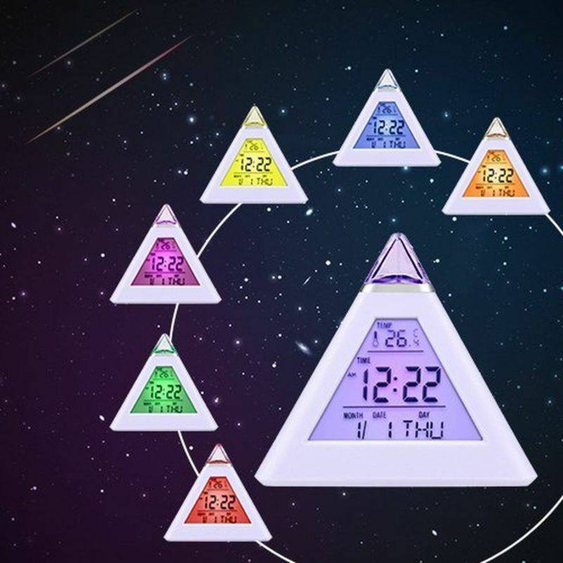 7 Colors Colorful Pyramid LCD Alarm Clock Night Light Thermometer Digital Wall Clock Changeable Led Clock Home Decor Accessorier 