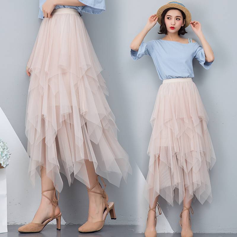Women irregular Tulle Skirts Fashion Elastic High Waist Mesh Tutu Skirt Pleated Long Skirts Midi Skirt Saias Faldas Jupe Femmle Pleat High-waist Skirt Women's Clothing Color : White|Black|Gray|Brown|Pink|Beige