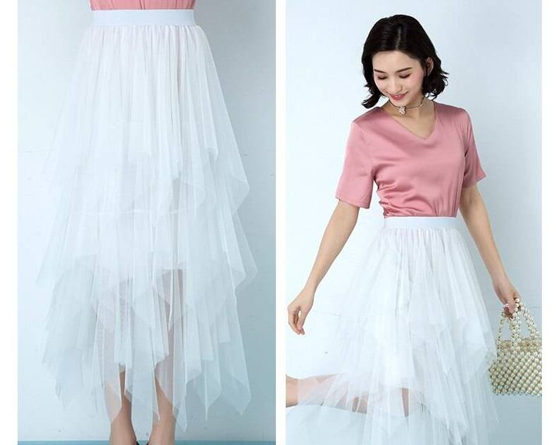 Women irregular Tulle Skirts Fashion Elastic High Waist Mesh Tutu Skirt Pleated Long Skirts Midi Skirt Saias Faldas Jupe Femmle Pleat High-waist Skirt Women's Clothing Color : White|Black|Gray|Brown|Pink|Beige