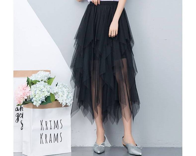 Women irregular Tulle Skirts Fashion Elastic High Waist Mesh Tutu Skirt Pleated Long Skirts Midi Skirt Saias Faldas Jupe Femmle Pleat High-waist Skirt Women's Clothing Color : White|Black|Gray|Brown|Pink|Beige